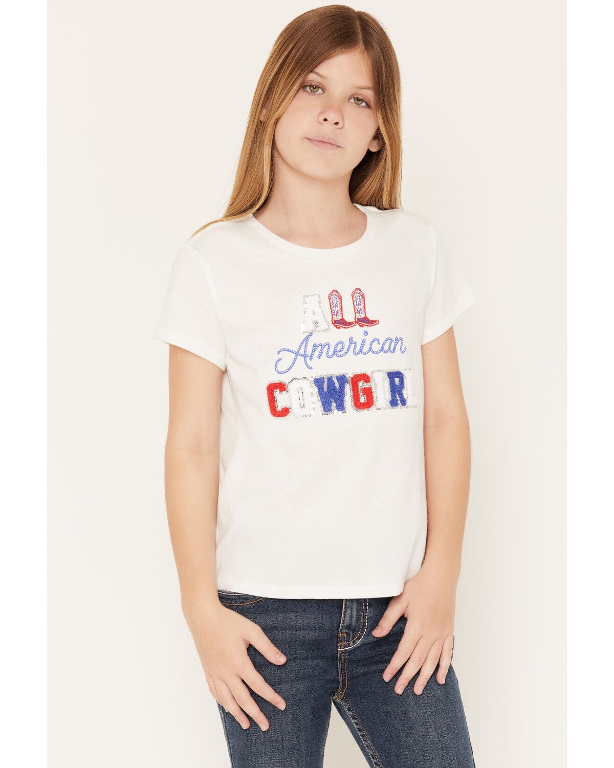Buttercup Girls' All American Cowgirl Short Sleeve Tee, White, hi-res