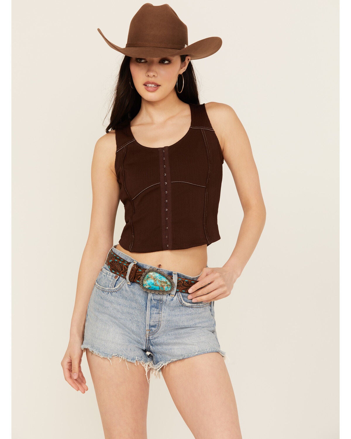 Shyanne Women's Sedona Turquoise Stone Buckle Whipstitch Leather Belt, Brown, hi-res