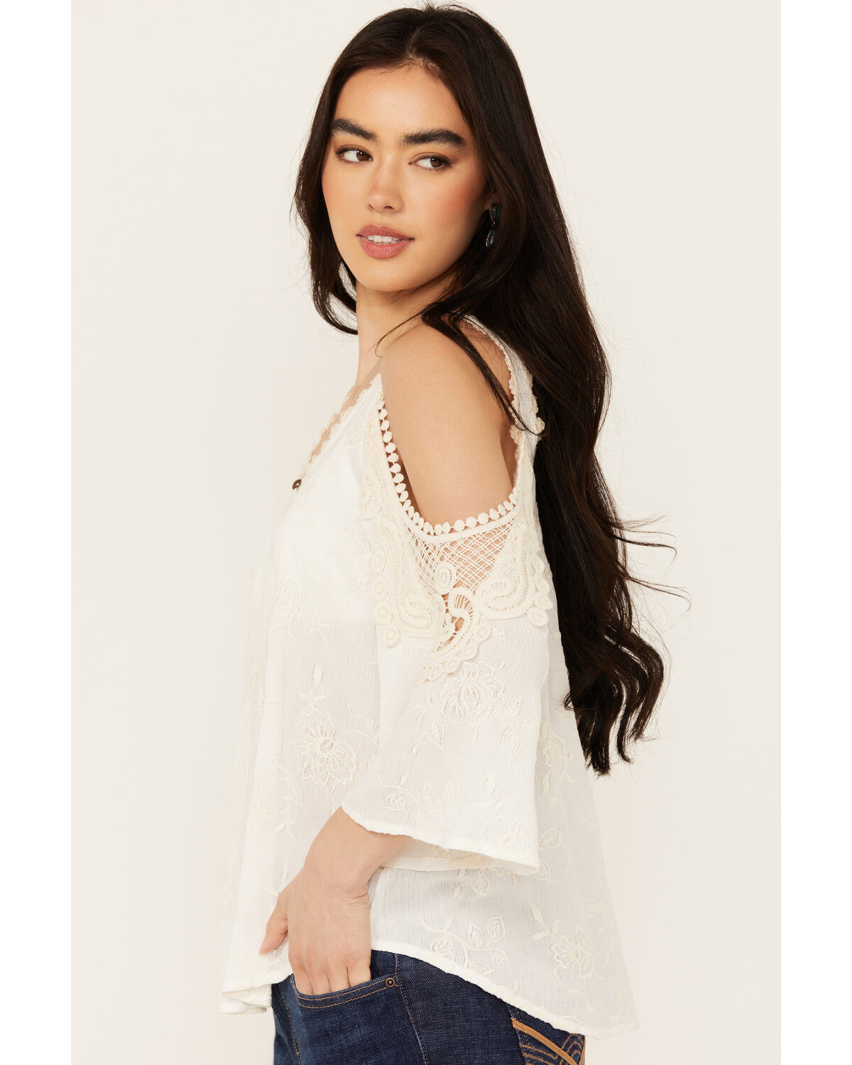 Image #2 - Wild Moss Women's Embroidered Cold Shoulder Top, Ivory, hi-res