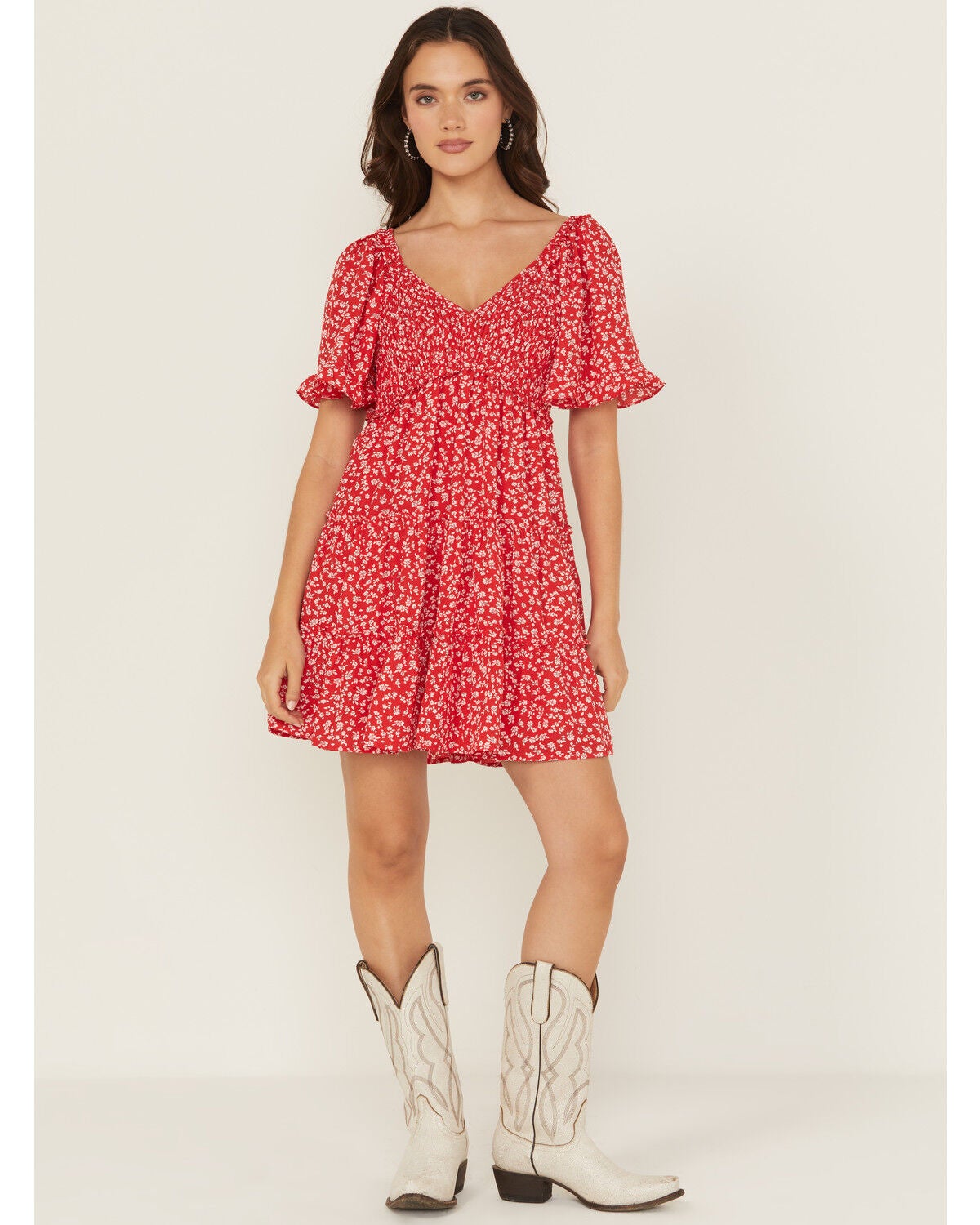 Yura Women's Floral Print Tiered Mini Dress, Red, hi-res