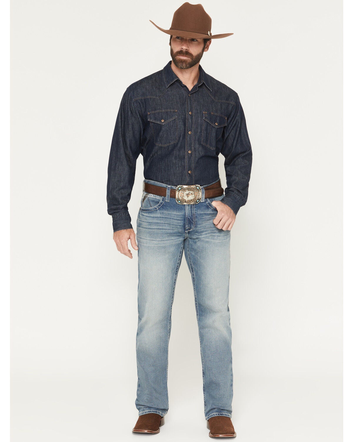Ariat Men's M4 Shasta Light Wash Relaxed Bootcut Stretch Denim Jeans, Light Wash, hi-res