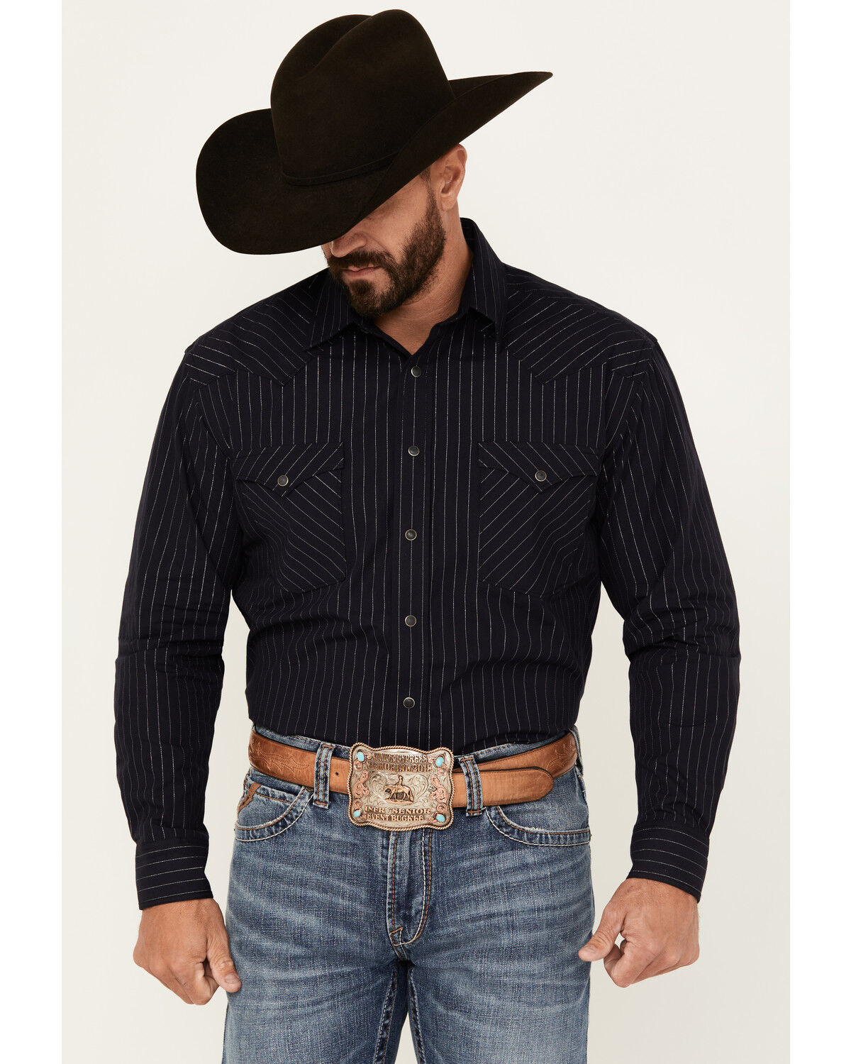 Image #1 - Rough Stock by Panhandle Men's Striped Long Sleeve Snap Western Shirt, Black, hi-res