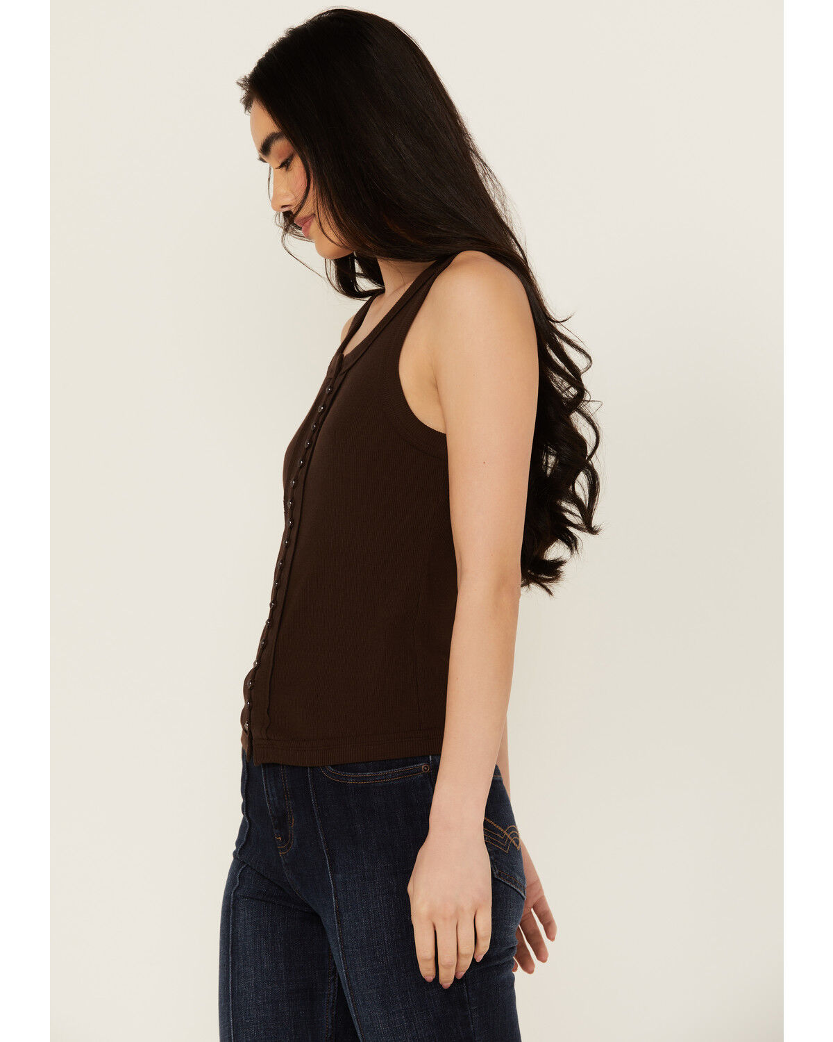Image #2 - Idyllwind Women's Edna Button Front Ribbed Tank, Dark Brown, hi-res