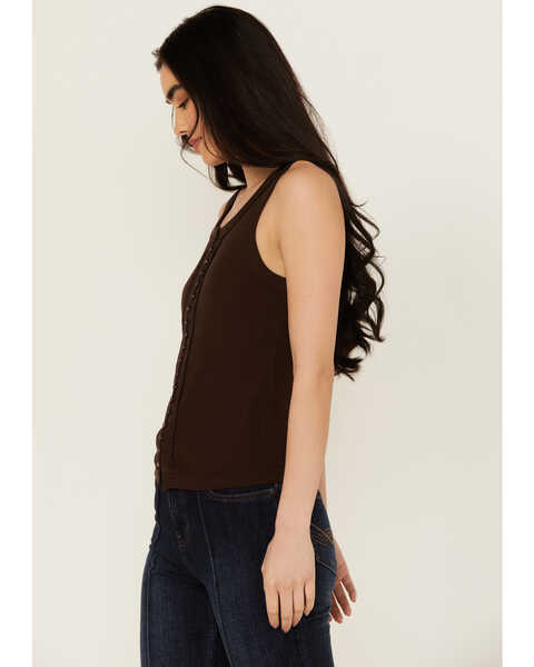 Image #2 - Idyllwind Women's Edna Button Front Ribbed Tank , Dark Brown, hi-res