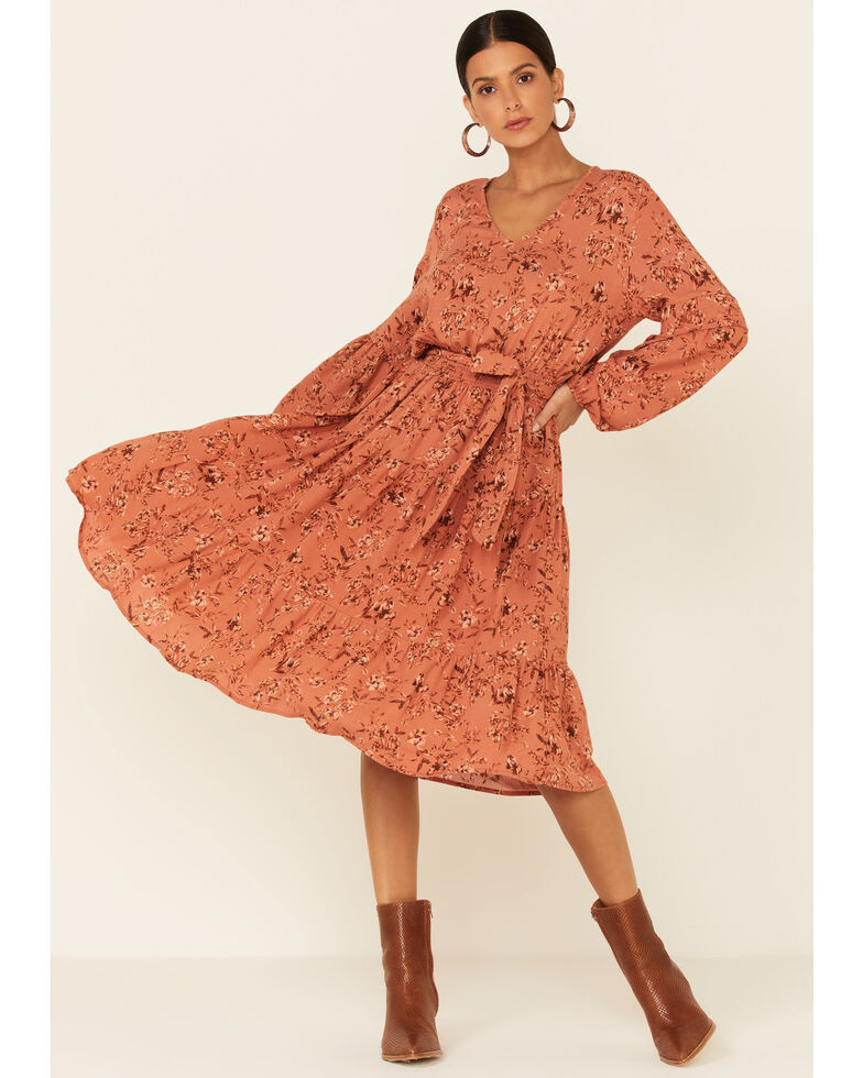 Wild Moss Women's Floral Belt Maxi Dress , Pecan, hi-res