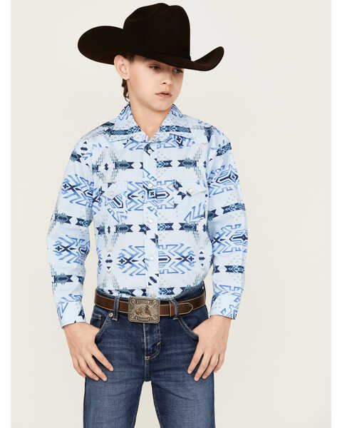 Image #1 - Rock & Roll Denim Boys' Southwestern Print Long Sleeve Stretch Pearl Snap Western Shirt, Blue, hi-res