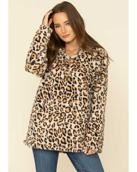 Image #1 - Katydid Women's Leopard Faux Fur Hooded 3/4 Zip Pullover, , hi-res