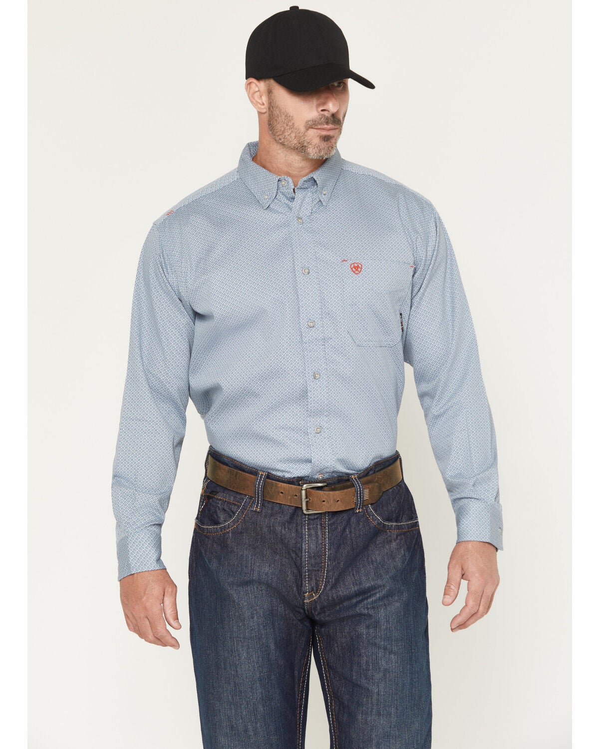 Image #1 - Ariat Men's FR Mantle Geo Print Long Sleeve Button-Down Work Shirt, Blue, hi-res