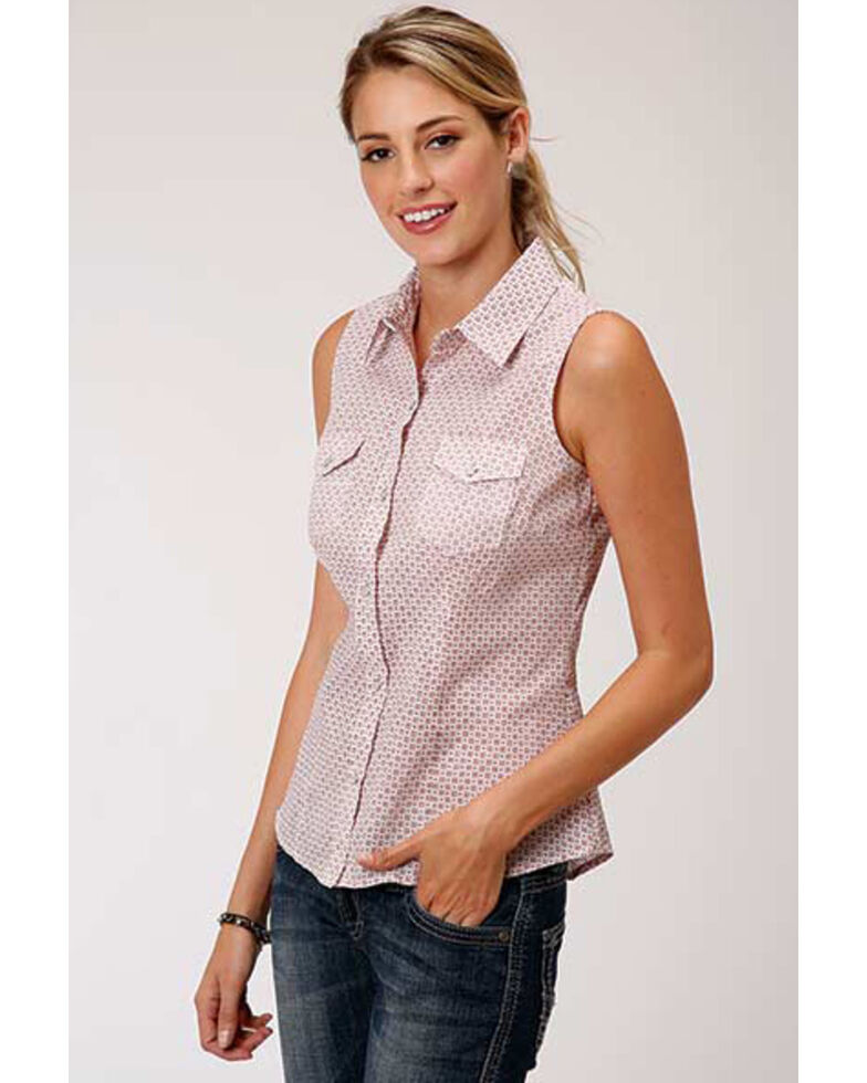 Roper Women's Block Print Sleeveless Western Shirt, White, hi-res