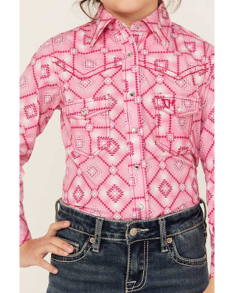 Image #3 - Cowgirl Hardware Girls' Diamond Southwestern Print Long Sleeve Snap Western Shirt , Pink, hi-res