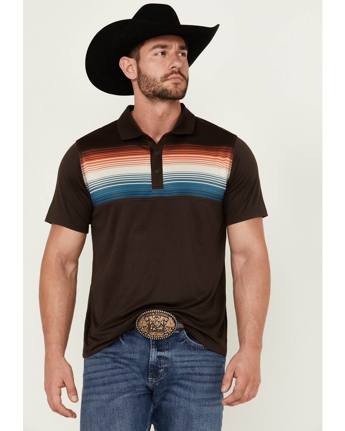 Image #1 - RANK 45® Men's Primetime Chest Stripe Button-Down Polo Shirt, Chocolate, hi-res