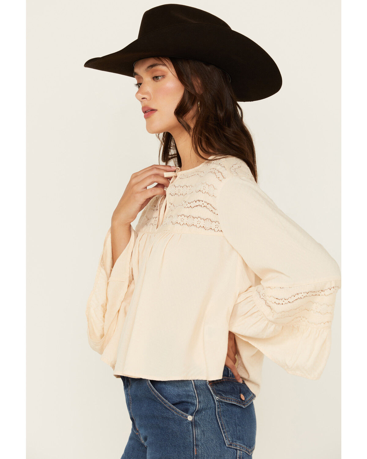 Image #2 - Cleo + Wolf Women's Lace Front Long Sleeve Peasant Top, Oatmeal, hi-res