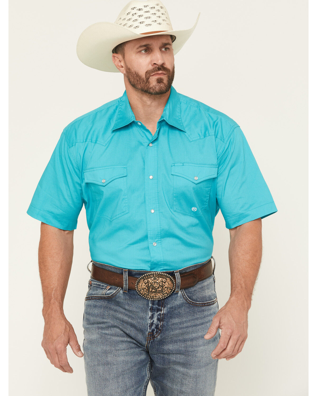 Image #1 - Roper Men's Amarillo Solid Short Sleeve Pearl Snap Stretch Western Shirt, Teal, hi-res