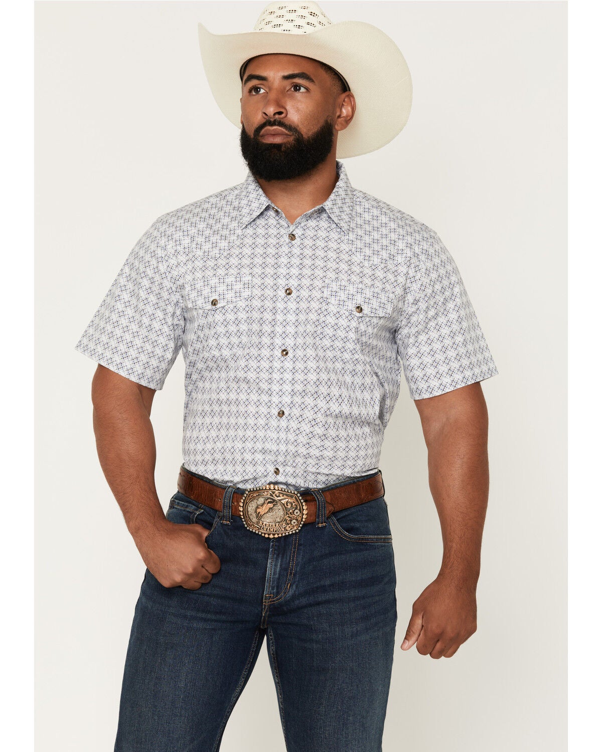 Image #1 - Gibson Trading Co Men's Vibe Check Geo Print Short Sleeve Snap Western Shirt - Big, White, hi-res