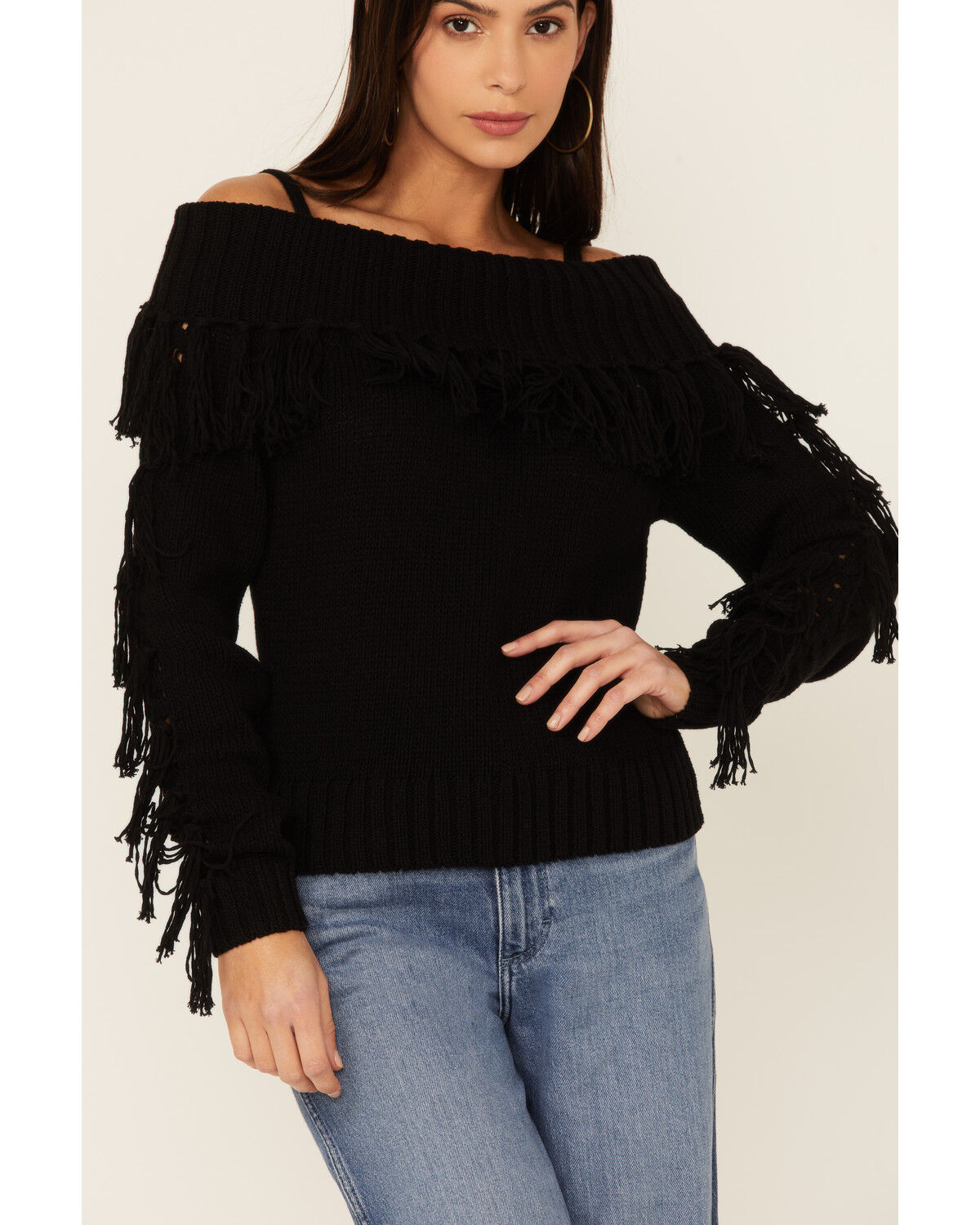Image #3 - Shyanne Women's Black Off-Shoulder Fringe Long Sleeve Knit Sweater, , hi-res
