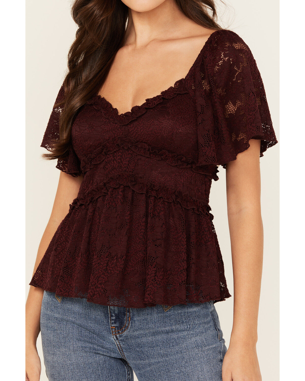 Image #3 - Originality Women's Ruffle Lace Short Sleeve Top, Brown, hi-res