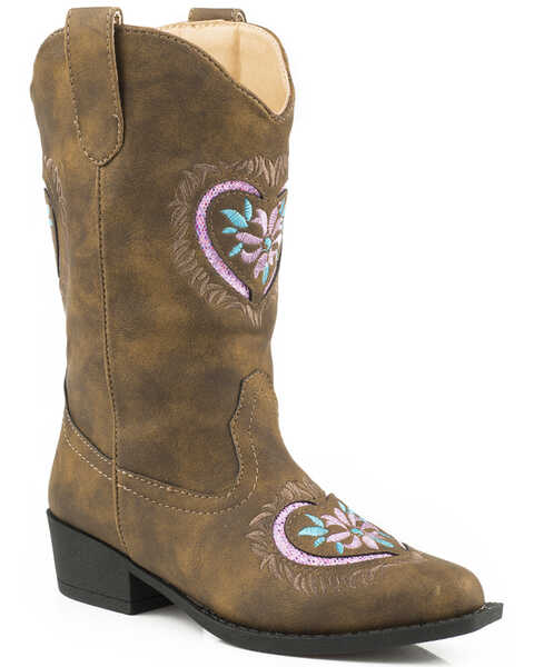 Roper Little Girls' Glitter Heart Western Boots - Snip Toe , Brown, hi-res