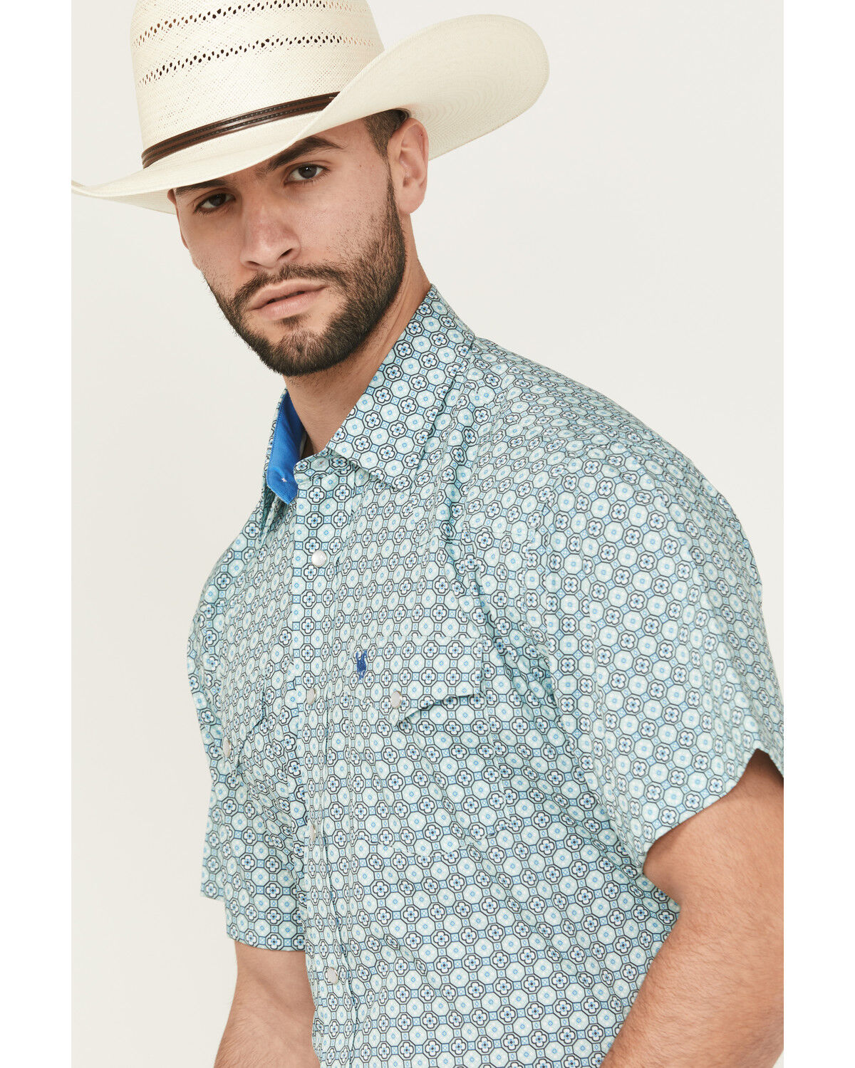 Image #2 - Rodeo Clothing Men's Geo Print Short Sleeve Pearl Snap Western Shirt, Aqua, hi-res