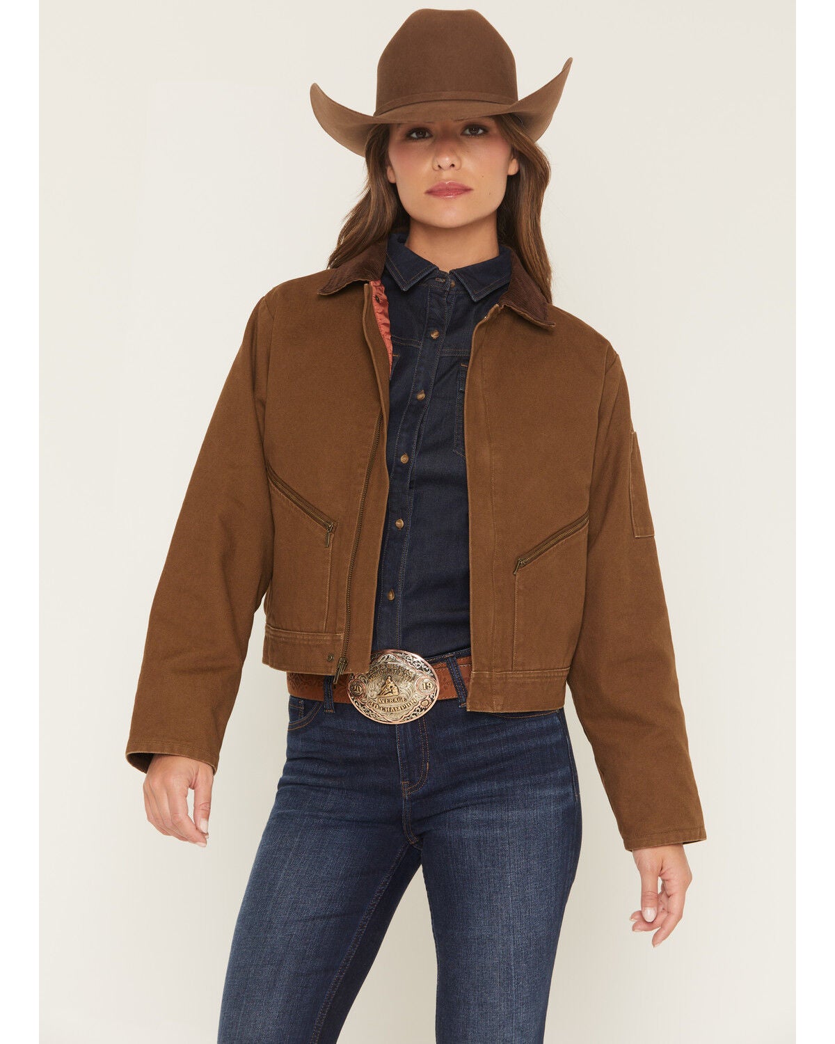 Shyanne Women's Tillson Zip-Up Cropped Jacket, Brown, hi-res