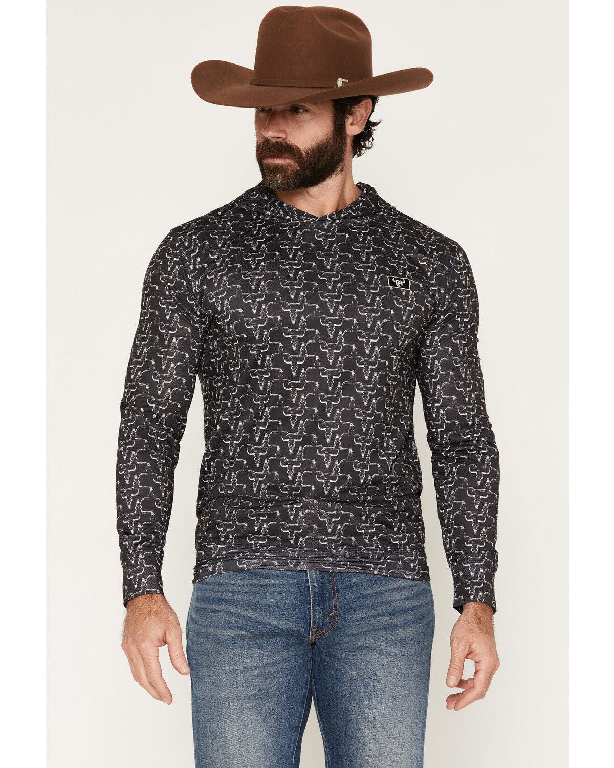 Image #1 - Cowboy Hardware Hombre Skull Print Long Sleeve Hooded Shirt, Black, hi-res