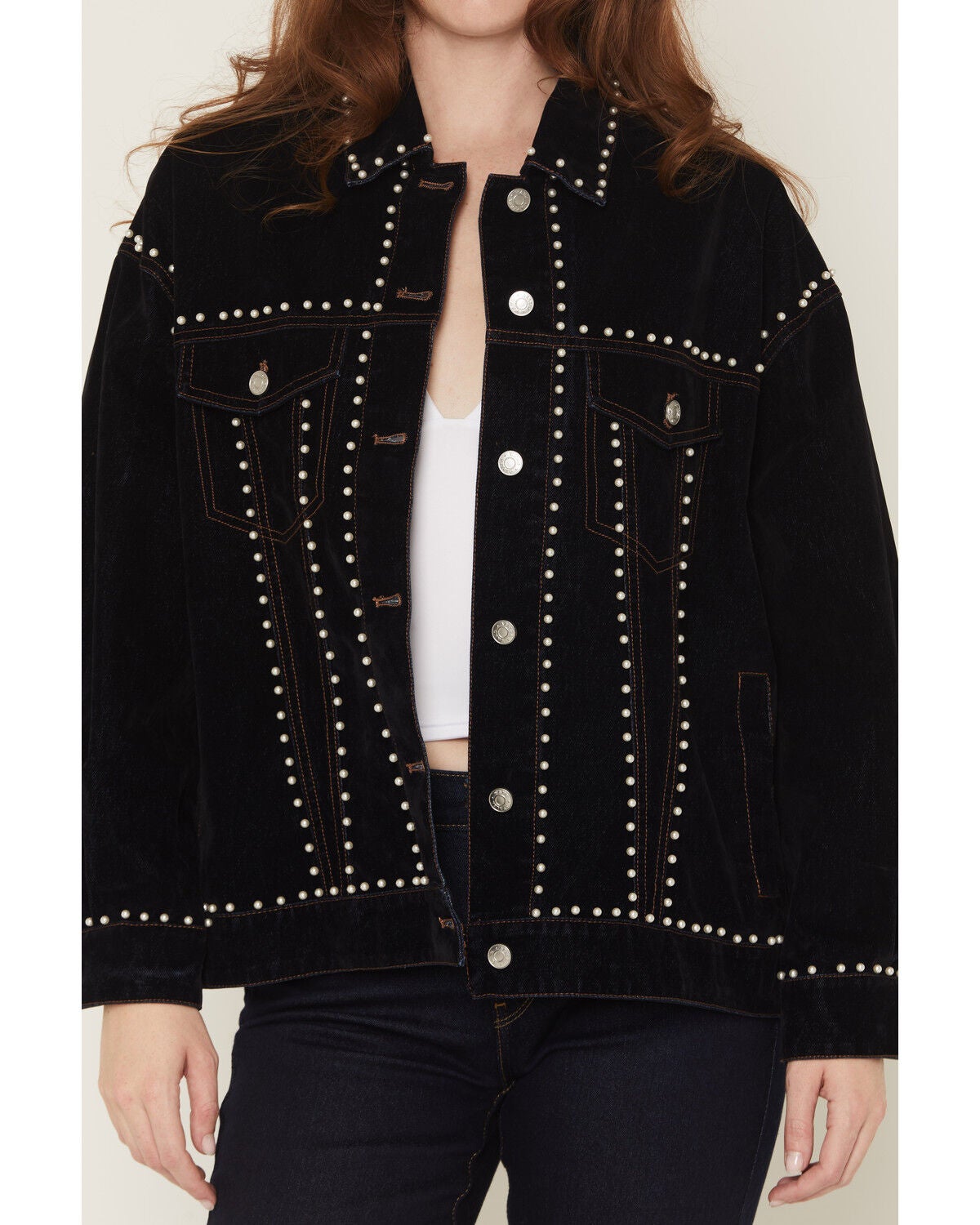 Image #3 - Azalea Wang Women's Dark Wash Pearl Studded Button-Down Denim Jacket, Dark Wash, hi-res