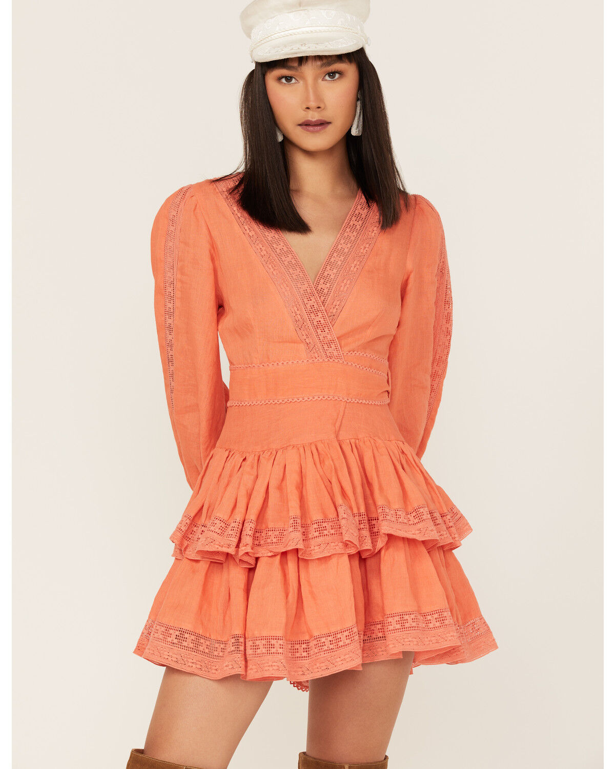 Image #1 - Maia Bergman Women's Mika Lace Tiered Mini Dress, Orange, hi-res