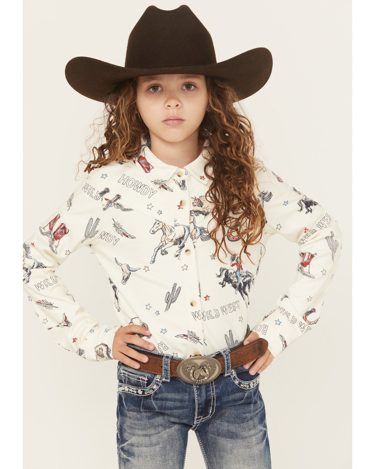 Image #1 - Shyanne Girls' Conversation Print Long Sleeve Button-Down Faux Suede Western Shirt, Ivory, hi-res