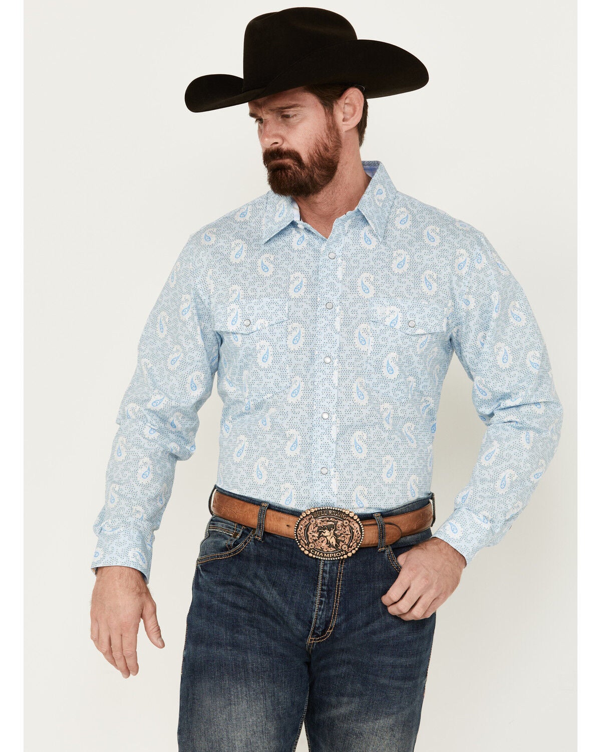 Image #1 - Panhandle Men's Paisley Print Long Sleeve Pearl Snap Western Shirt, Light Blue, hi-res