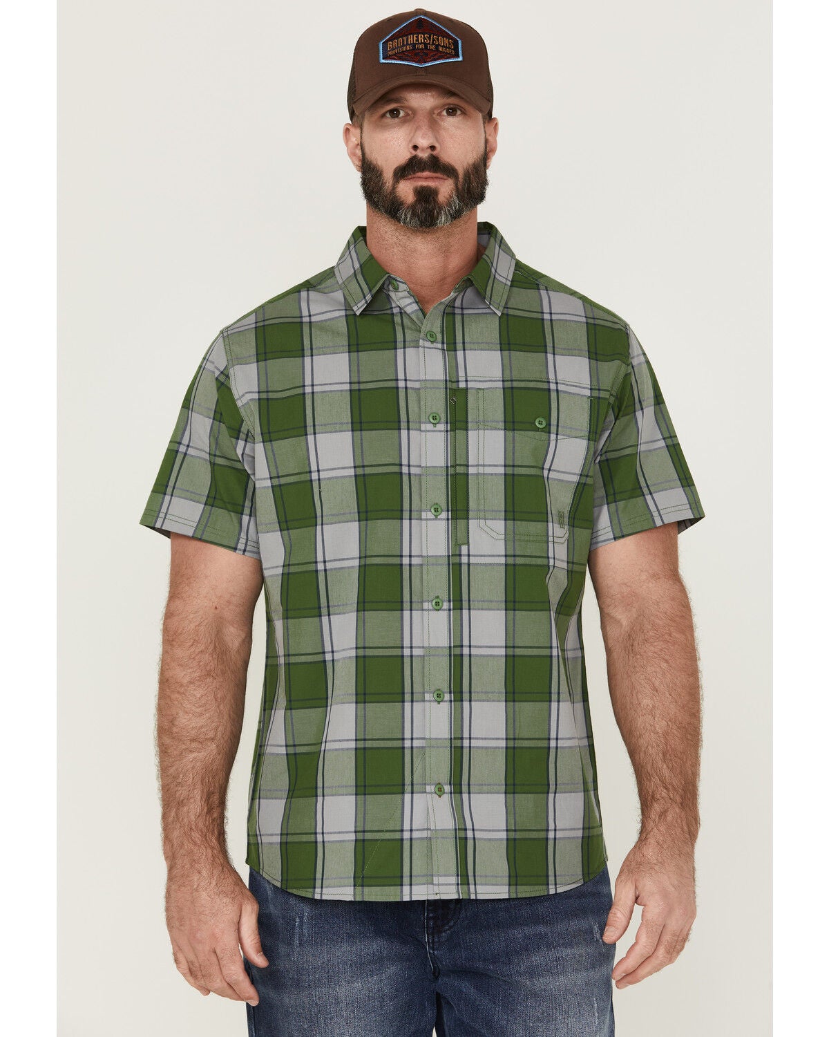 Image #1 - Brothers and Sons Men's Performance Large Plaid Short Sleeve Button-Down Western Shirt, Kelly Green, hi-res