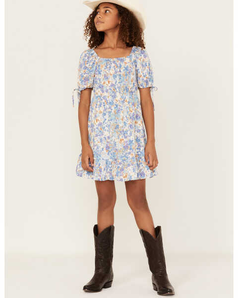 Image #1 - Hayden Girls' Floral Print Puff Sleeve Dress, Blue, hi-res