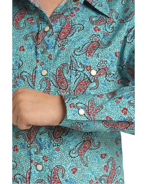 Panhandle Girls' Paisley Print Long Sleeve Snap Western Shirt , Turquoise, hi-res