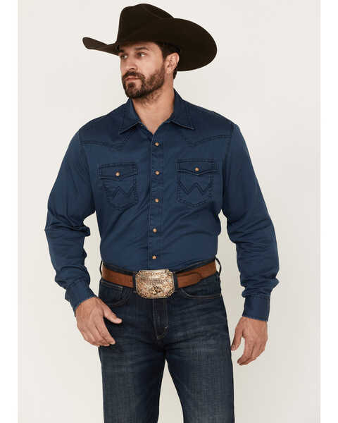 Image #1 - Wrangler Retro Men's Premium Solid Long Sleeve Snap Western Shirt , Blue, hi-res