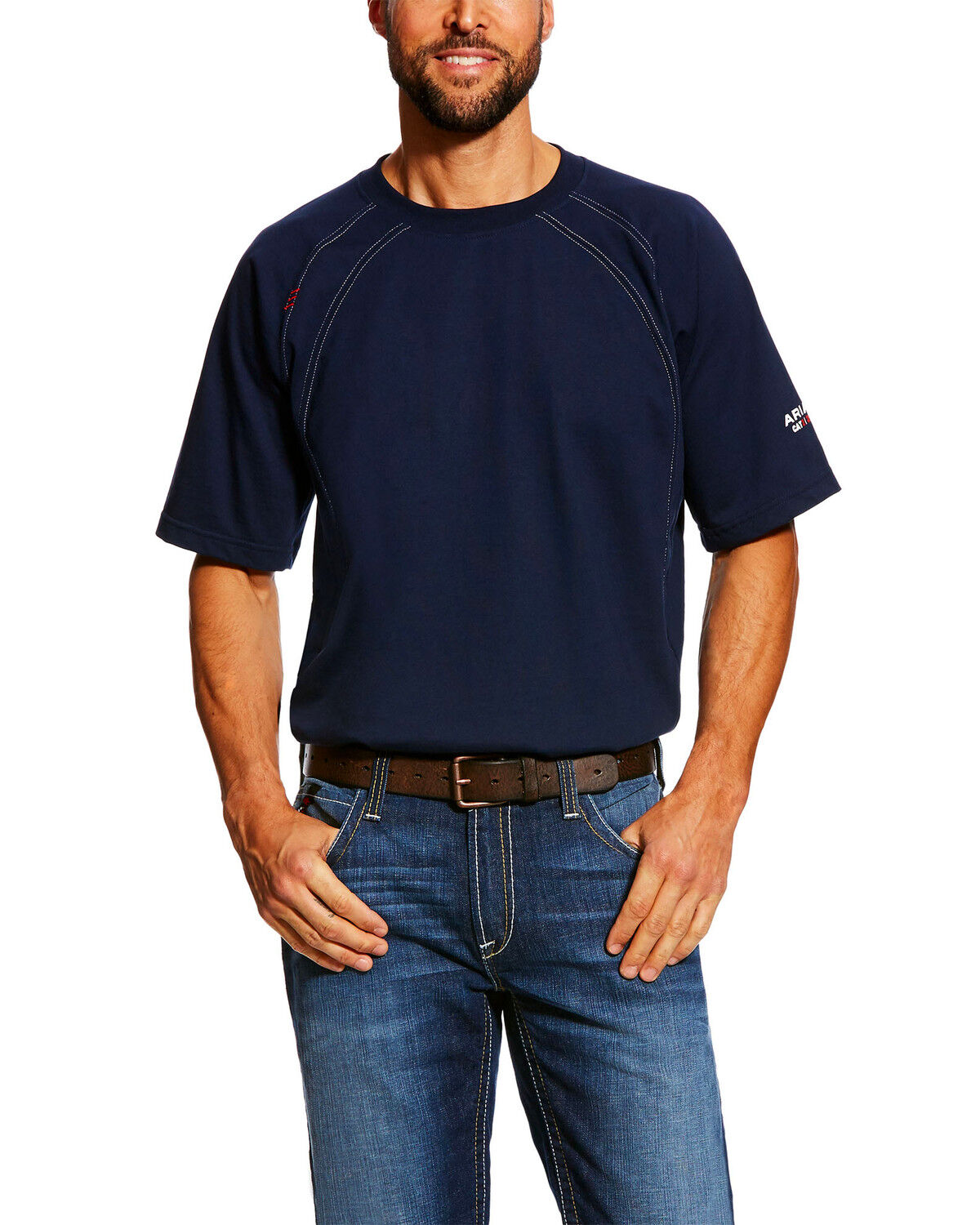 Image #1 - Ariat Men's FR Crew Short Sleeve Work T-Shirt, Navy, hi-res