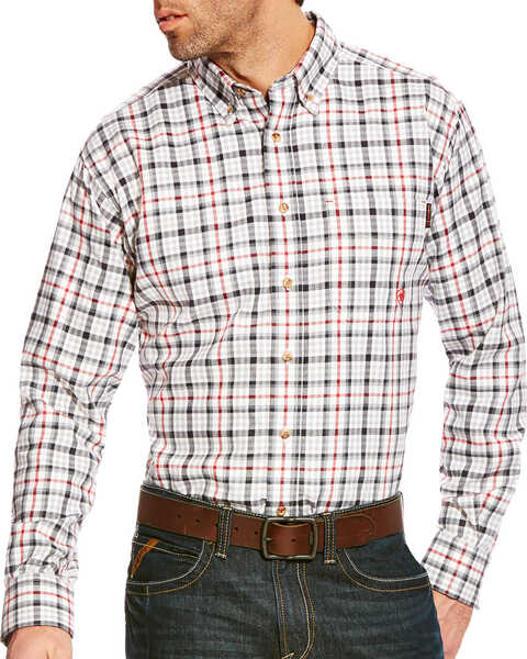 Ariat Men's Briggs FR Plaid Print Long Sleeve Button Work Shirt - Big & Tall, Grey, hi-res