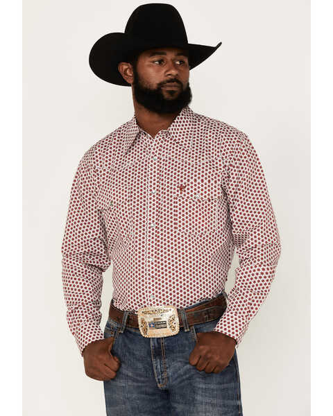 Image #1 - Cowboy Hardware Men's Six Star Print Long Sleeve Pearl Snap Western Shirt, Burgundy, hi-res