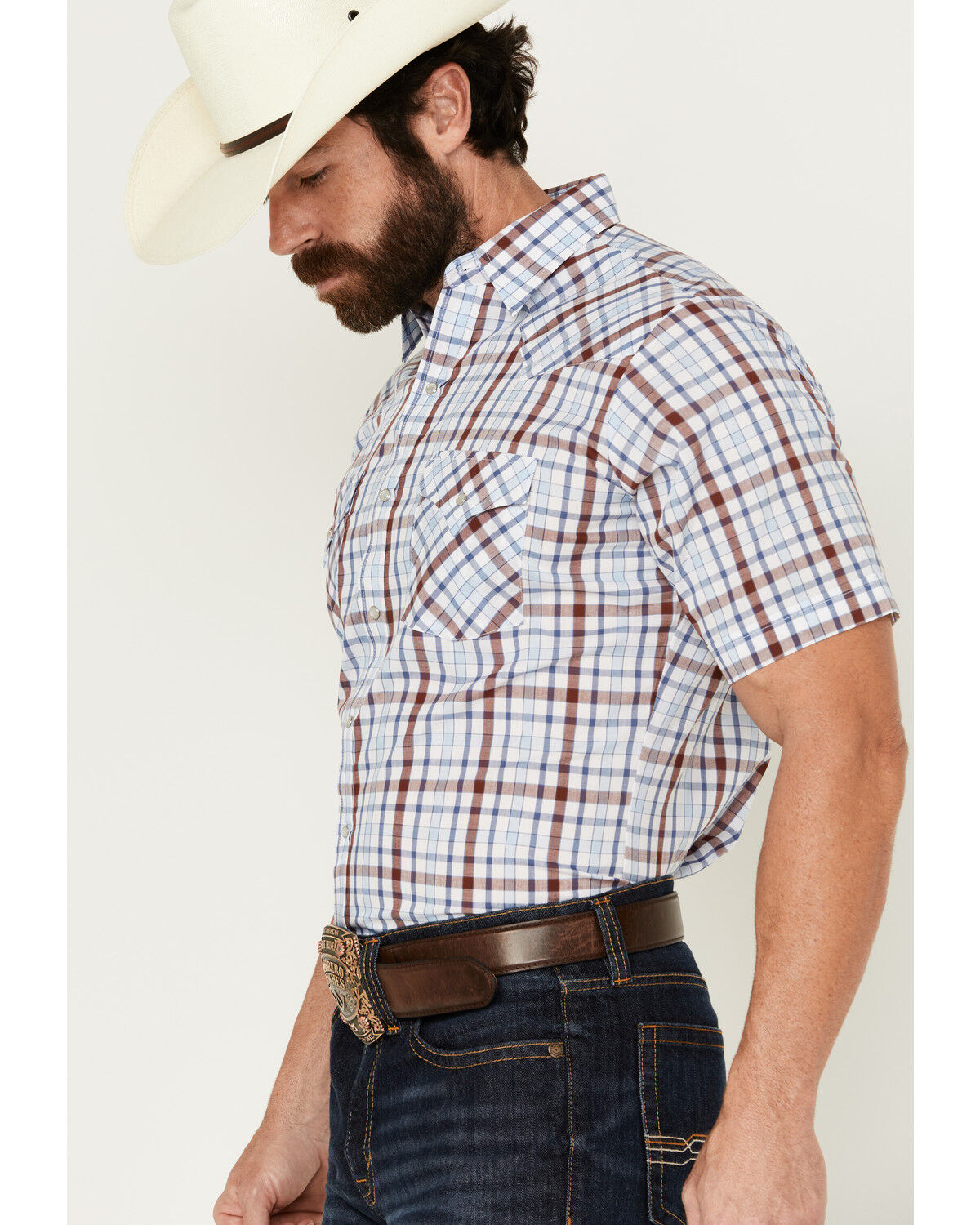 Image #2 - Ely Walker Men's Plaid Print Short Sleeve Pearl Snap Western Shirt, White, hi-res