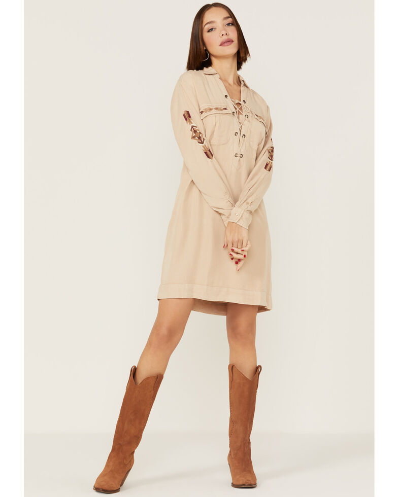 Stetson Women's Safari Southwestern Embroidered Lace Up Dress , Tan, hi-res