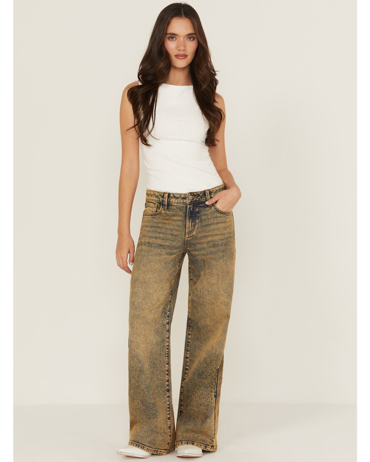 Image #1 - Miss Me Women's Vintage Mid Rise Baggy Wide Leg Stretch Denim Jeans, Medium Wash, hi-res