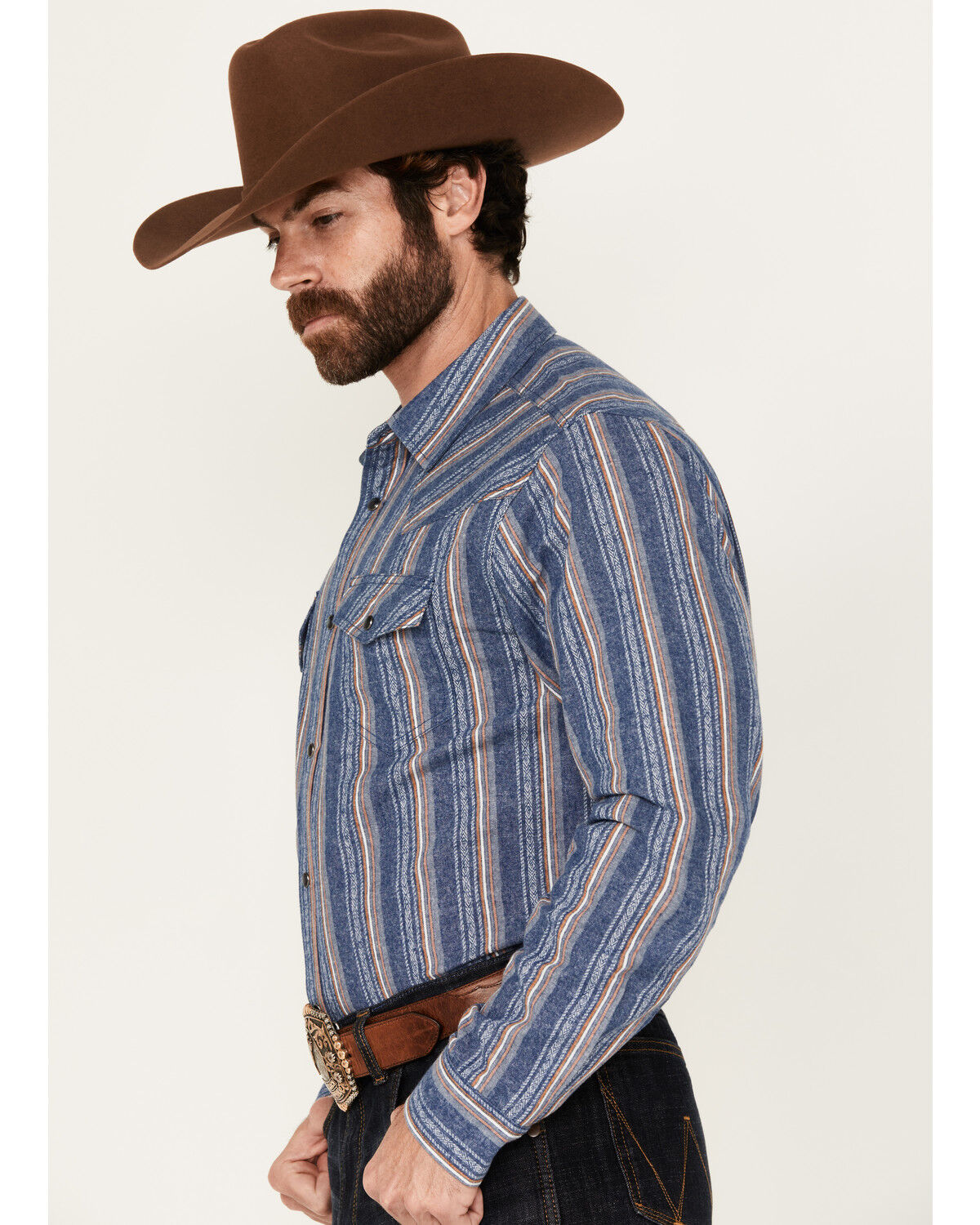 Image #2 - Cody James Men's Alpine Southwestern Striped Long Sleeve Pearl Snap Western Shirt, Navy, hi-res