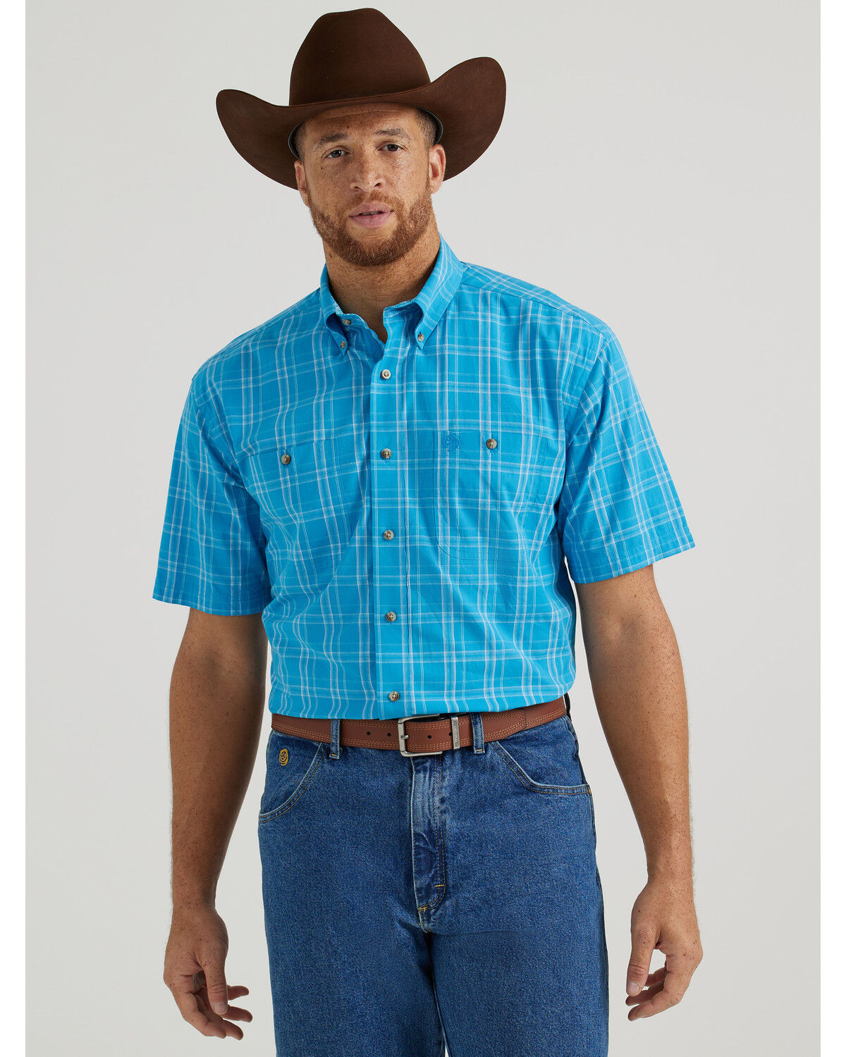 Image #1 - George Strait by Wrangler Men's Plaid Print Short Sleeve Button-Down Stretch Western Shirt, Bright Blue, hi-res