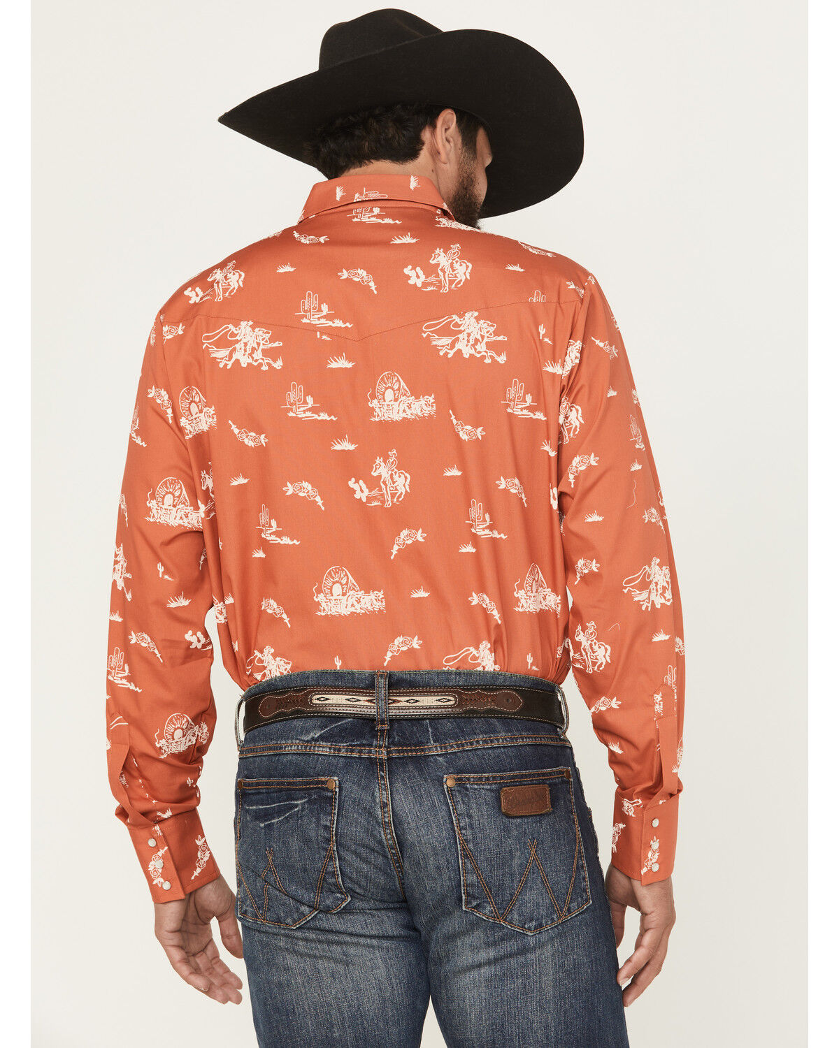 Image #4 - Ely Walker Men's Horse Print Long Sleeve Snap Western Shirt, Dark Orange, hi-res