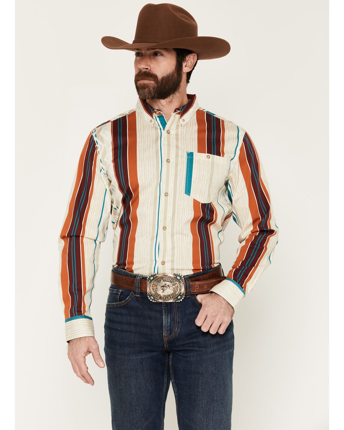 RANK 45&reg; Men's Georgia Line Southwestern Stripe Print Long Sleeve Button-Down Stretch Western Shirt, Ivory, hi-res