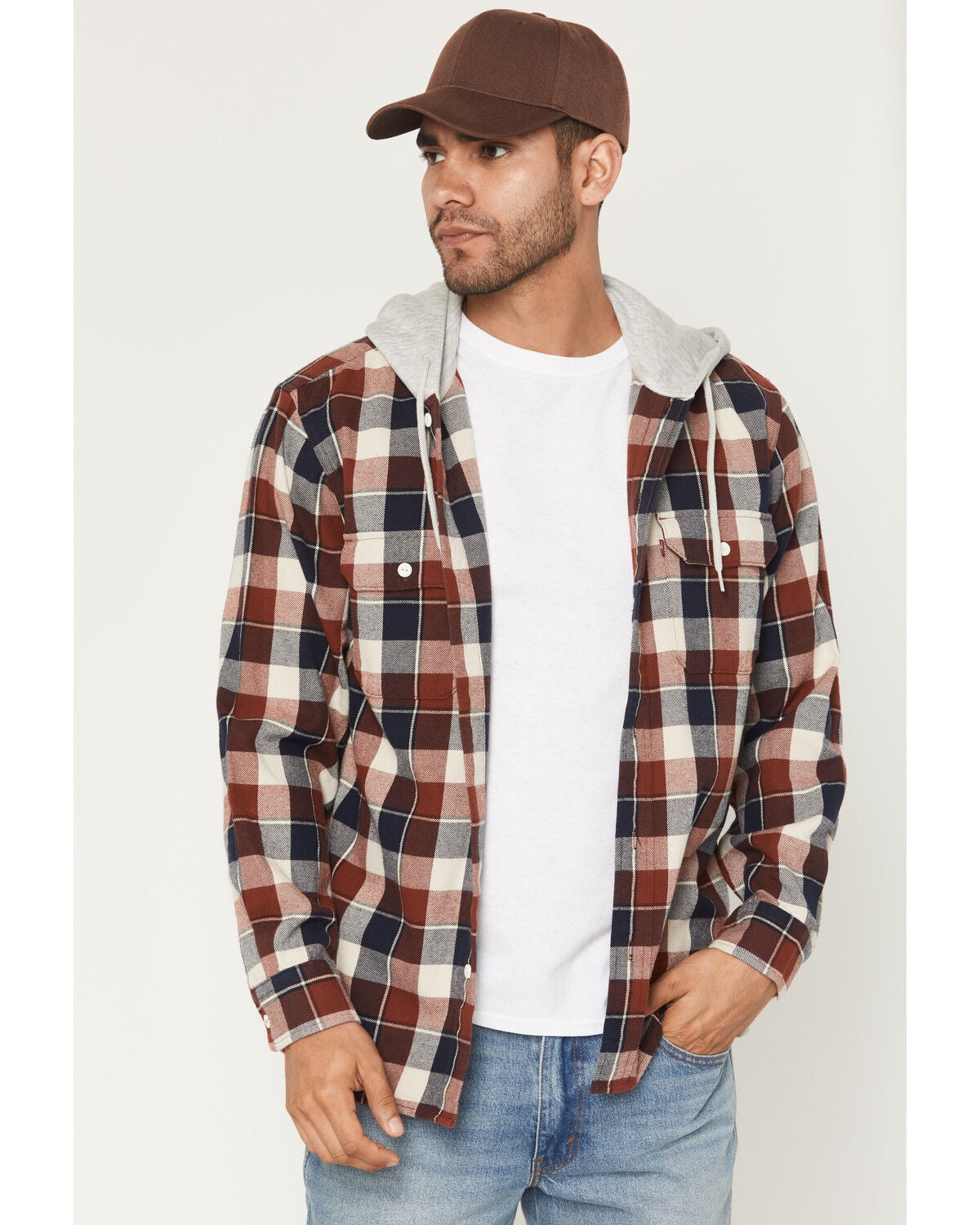 Levi's Men's Claude Plaid Print Long Sleeve Button-Down Hooded Flannel Shirt, Rust Copper, hi-res