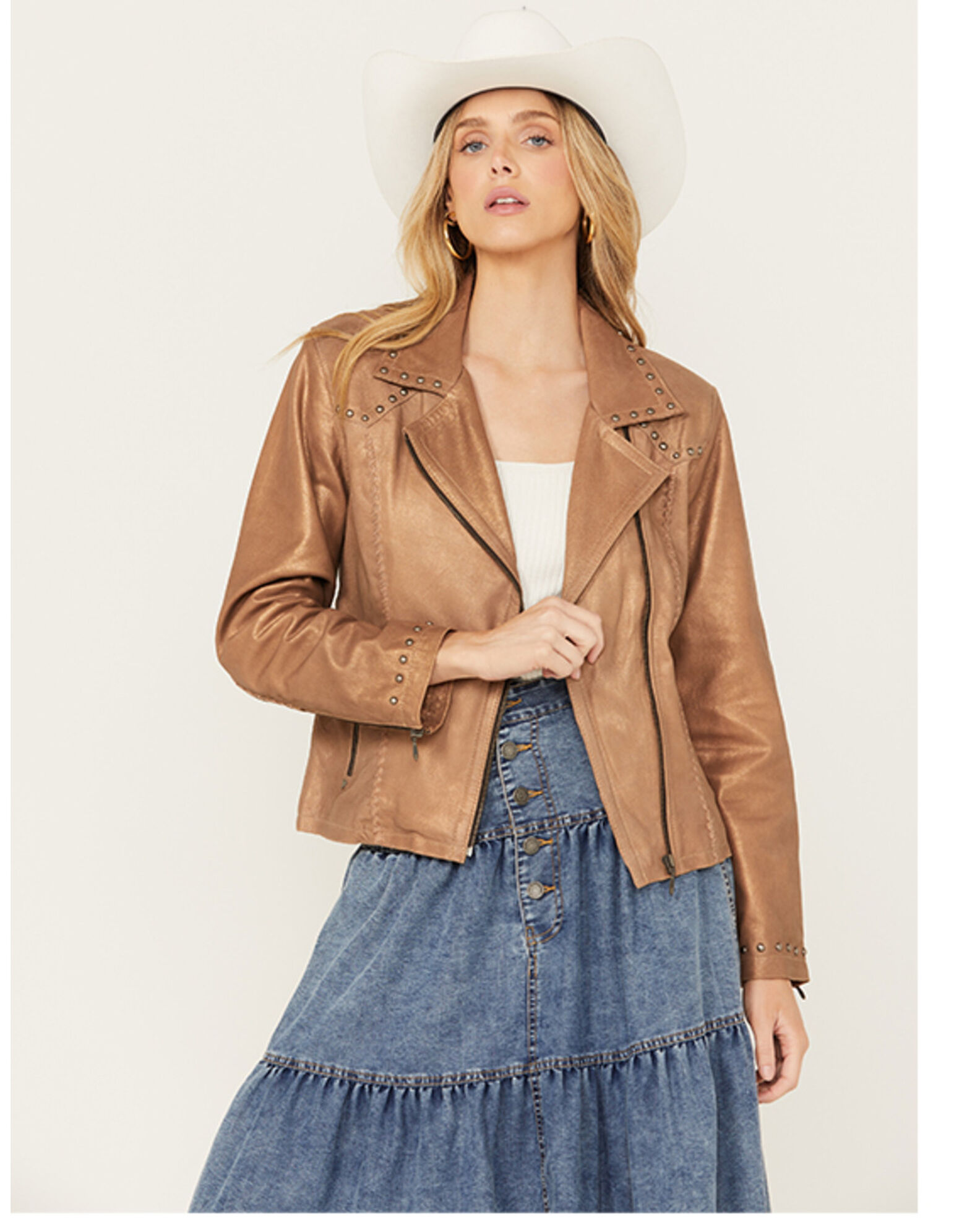 Product Name Cripple Creek Women s Asymmetric Front Studded Back Leather Jacket