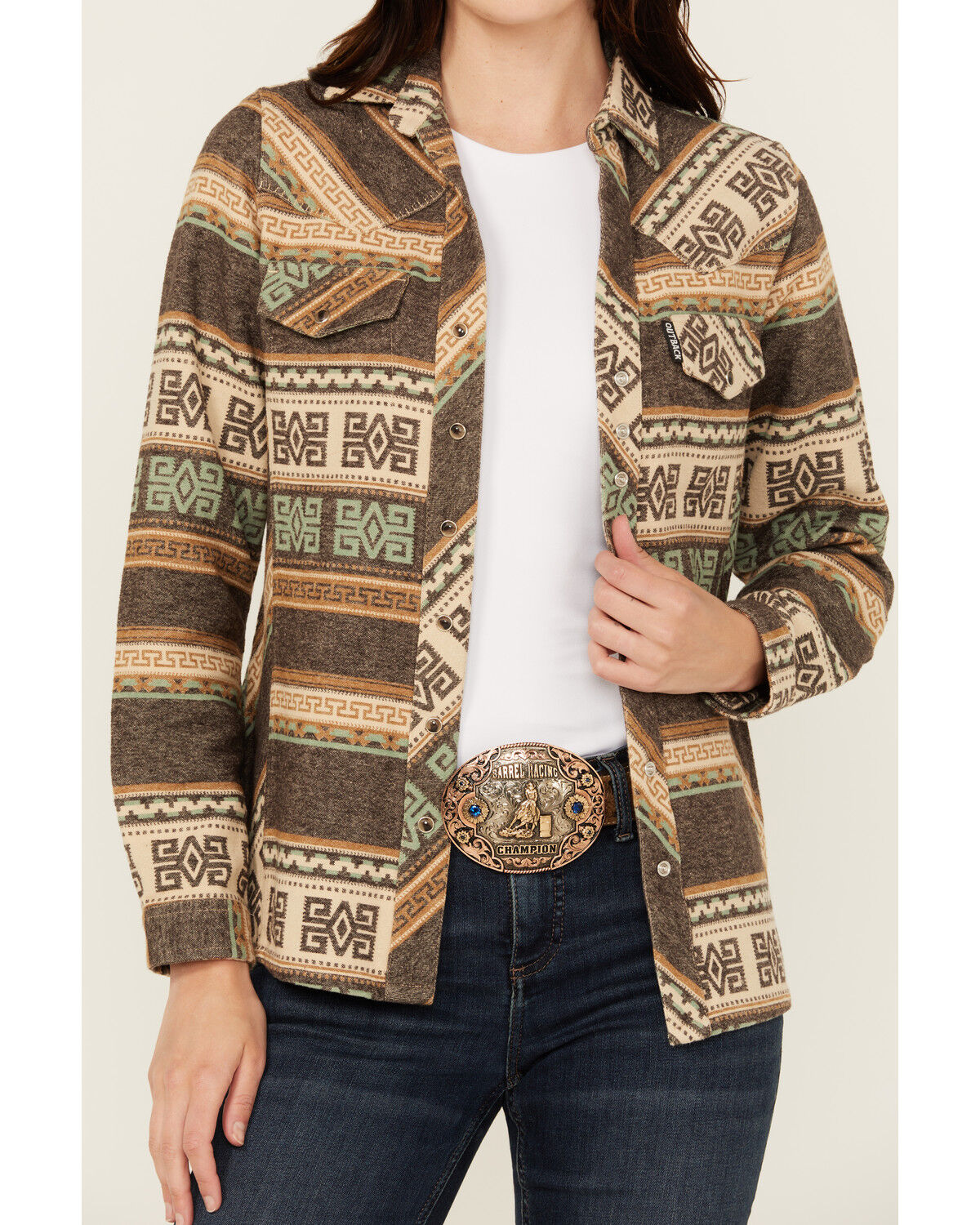 Image #3 - Outback Trading Co Women's Lorelei Southwestern Print Long Sleeve Snap Performance Shirt, Chocolate, hi-res