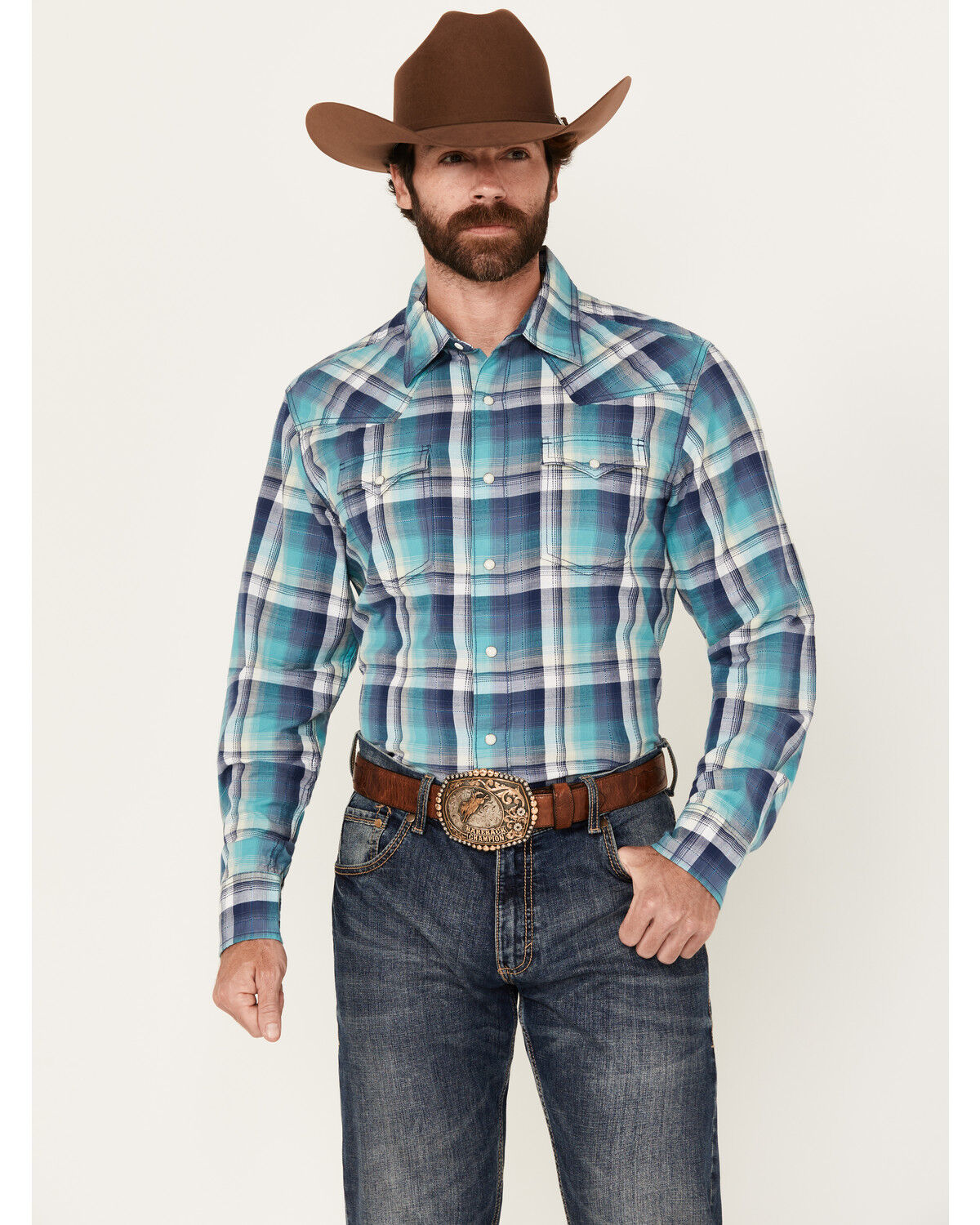 Image #1 - Wrangler Retro Men's Plaid Print Long Sleeve Snap Western Shirt, Teal, hi-res