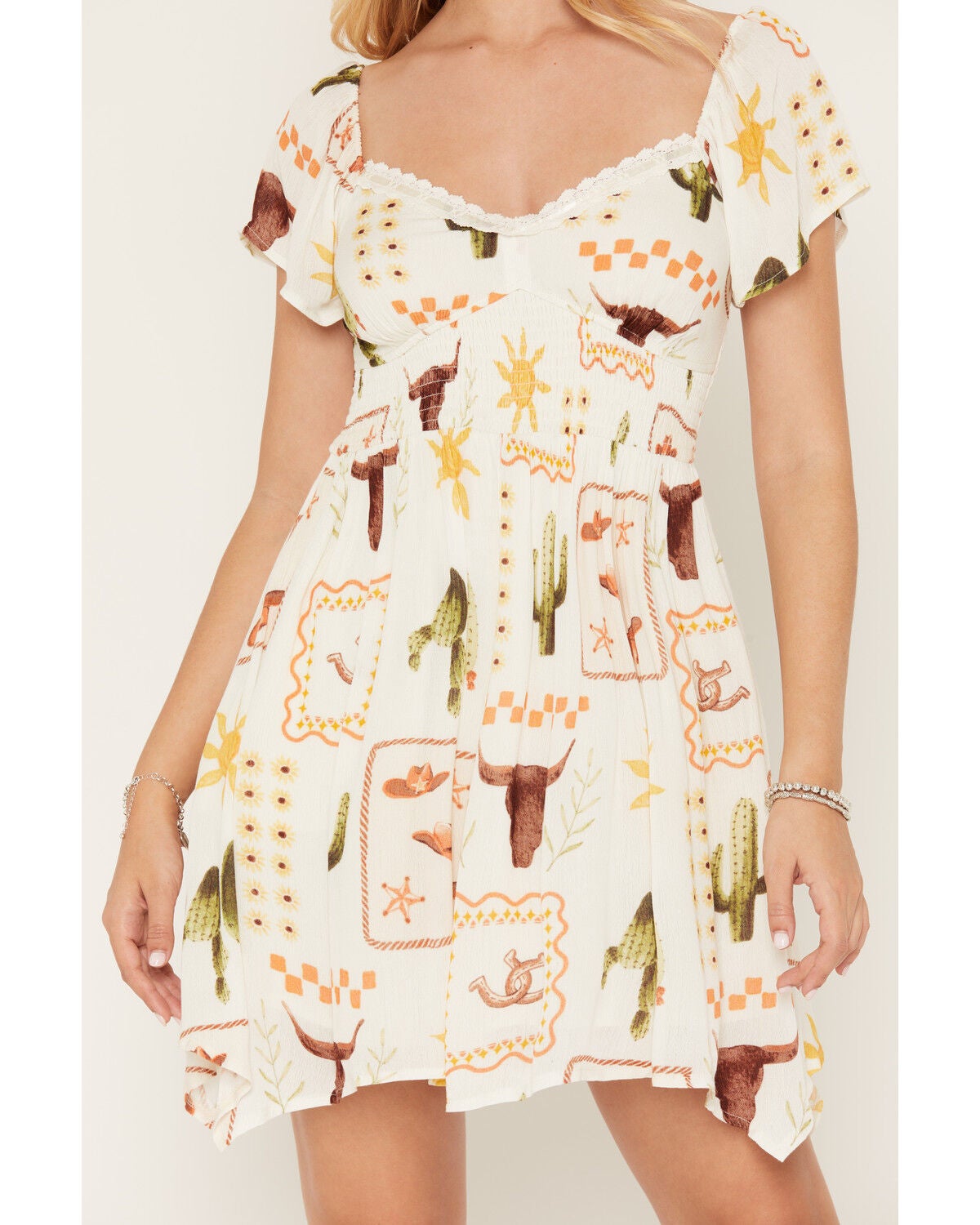 Image #3 - Rosabelle Honey Women's Boot Barn Exclusive Western Conversation Print Short Sleeve Mini Dress, White, hi-res