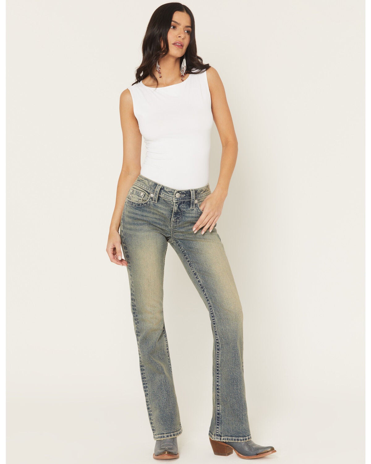 Image #3 - Miss Me Women's Dark Wash Mid Rise Winged Pocket 32" Bootcut Stretch Denim Jeans, Dark Wash, hi-res