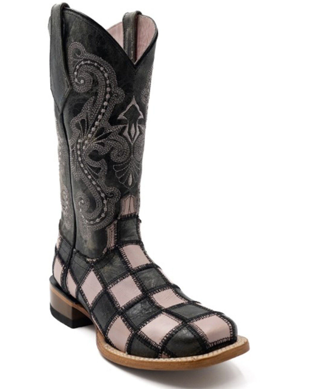 Image #1 - Ferrini Women's Patchwork Western Boots - Broad Square Toe, Pink/black, hi-res