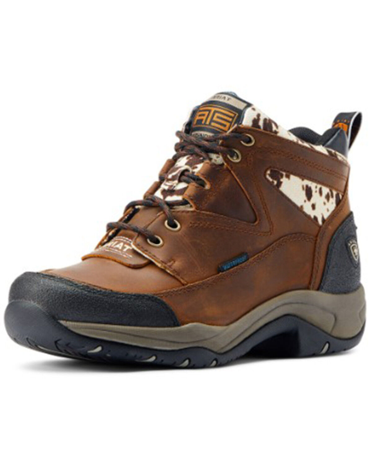 Image #1 - Ariat Women's Cow Print Terrain Waterproof Boots - Soft Toe, Brown, hi-res
